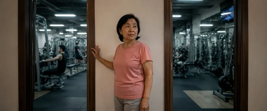 Wanita senior ragu di depan pintu gym