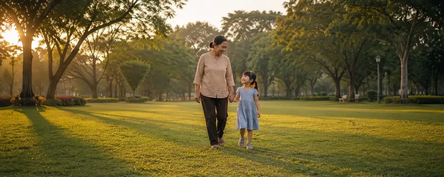 Nenek berjalan bersama cucu di taman