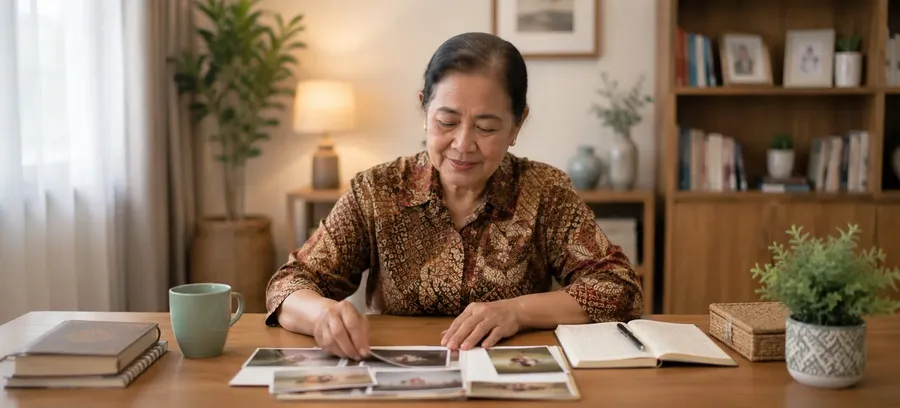 Wanita senior melihat foto-foto lama